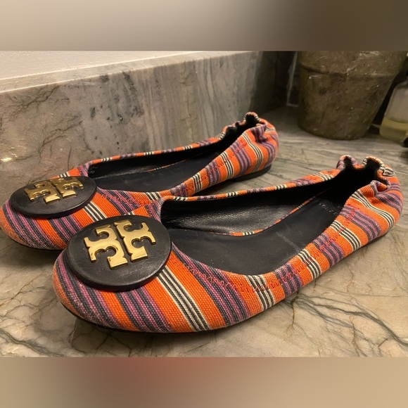 Tory Burch Reva Bauer Stripe Printed Canvas Flats - Picture 1 of 10